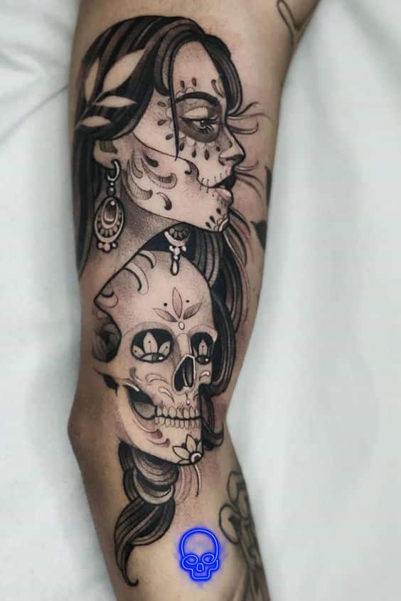 Tatuagem feminina de Catrina mexicana com caveira site tattooandyou.com