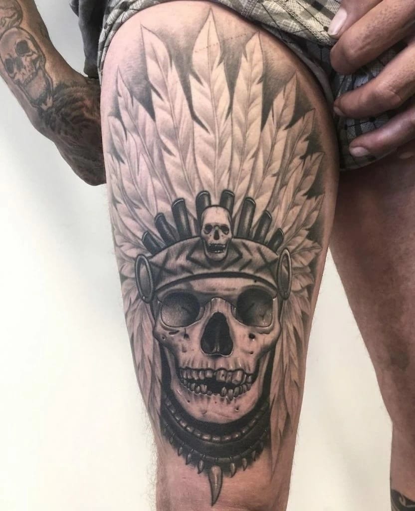 tatuagens na coxa masculina mais bonitas do momento caveira indgena