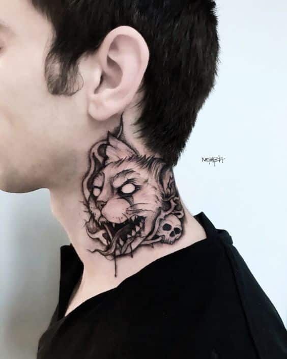 as mais bonitas tatuagens no pescoço masculino gato caveiras