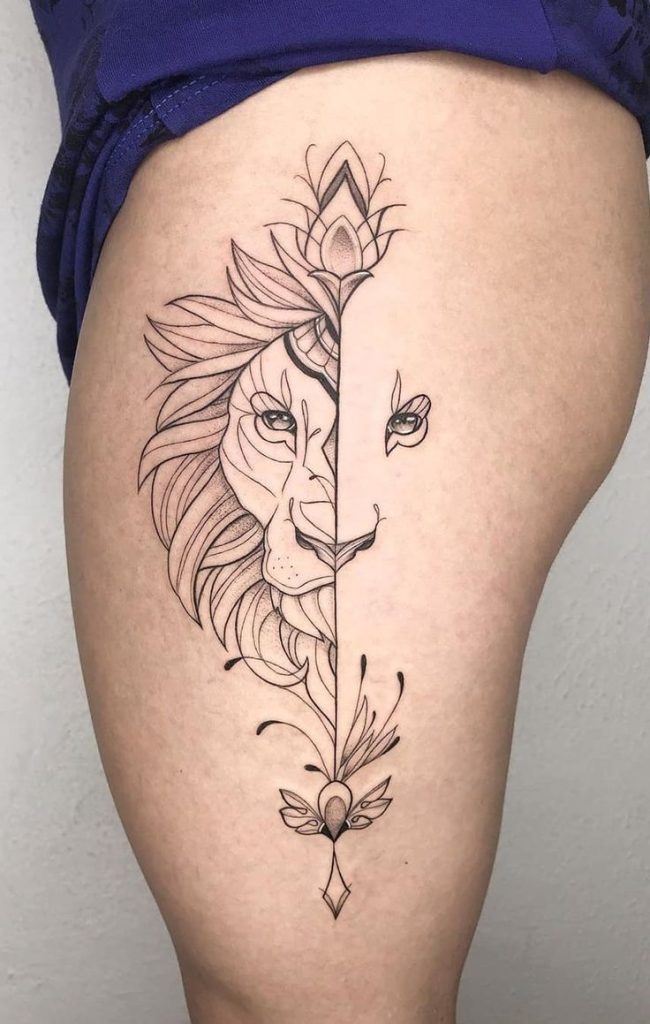 as mais lindas tatuagens na coxa feminina leão vertical