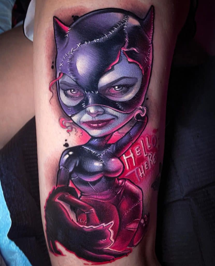 new school tattoo style vibrant colors, playful designs and more bat girl