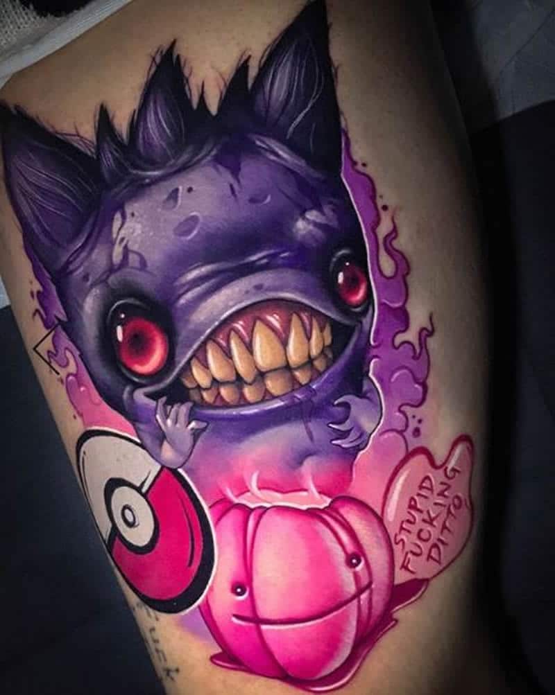 new school tattoo style vibrant colors, playful designs and more gengar pokemon