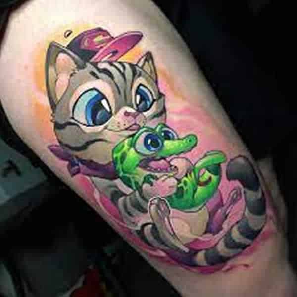 new school tattoo style vibrant colors, playful designs and more cat vibe